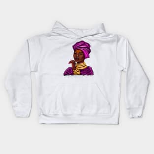 Queen Black is beautiful iii black girl with Gold bangles, neck ring necklace, purple dress and head wrap, brown eyes and dark brown skin ! Kids Hoodie